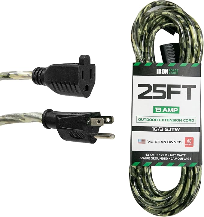 Iron Forge Cable Camo Outdoor Extension Cord 25 ft, 16/3 SJTW 25 Foot Camoflauge Exterior Extension Cord 3 Prong, Weatherproof Heavy Duty Power Cable for Outside, Deck, Landscaping, Lawn & Hunting