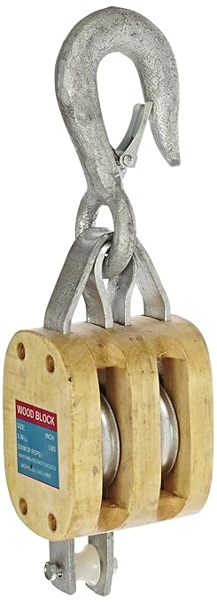 Indusco C0616900101 4" Double Wood Manila Rope Block with Hook, 1/2" Rope, 2 1/4" Sheave, 1,400 lbs WLL