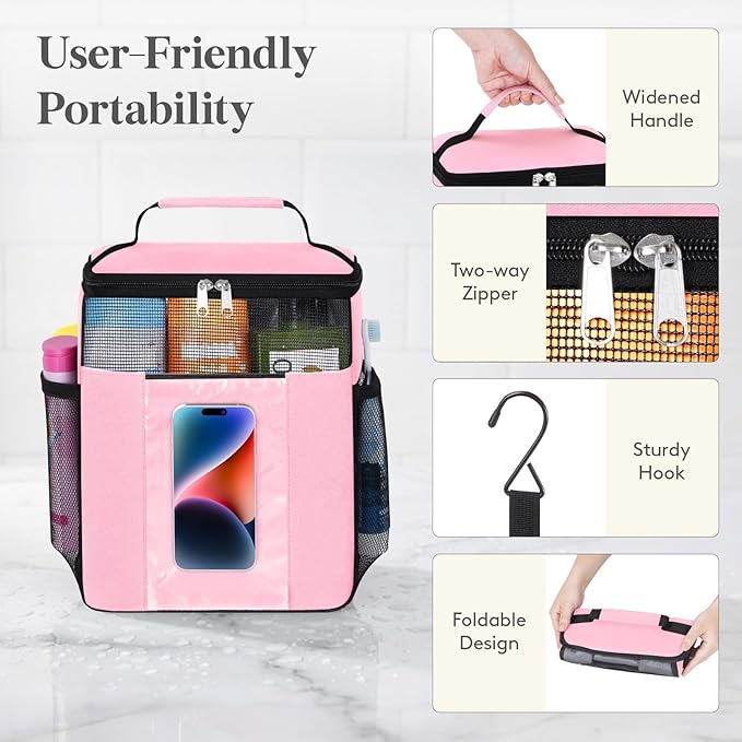 Lifewit Mesh Shower Caddy Bag Portable, Quick Dry Hanging Bathroom Organizer with PVC Phone Bag, College Dorm Room Essentials for Travel, Gym, Camping, Toiletry Tote for Women Men, Large, Pink