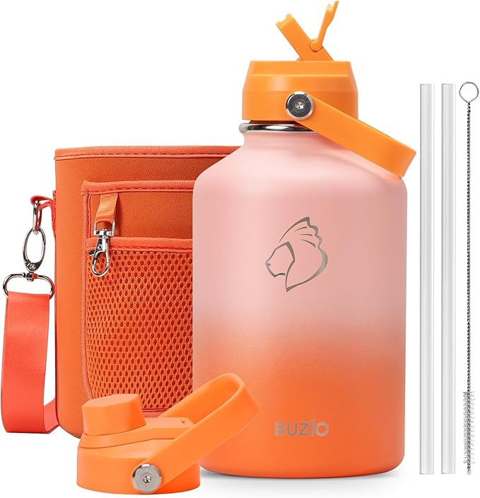 BUZIO 64oz Insulated Water Bottle, Stainless Steel Water Flask with Straw Lid and carrying pouch, Keep Cold 48h Leak Proof Double Wall Vacuum Travel Mug Metal Canteen for Gym Beach, Gradient Orange
