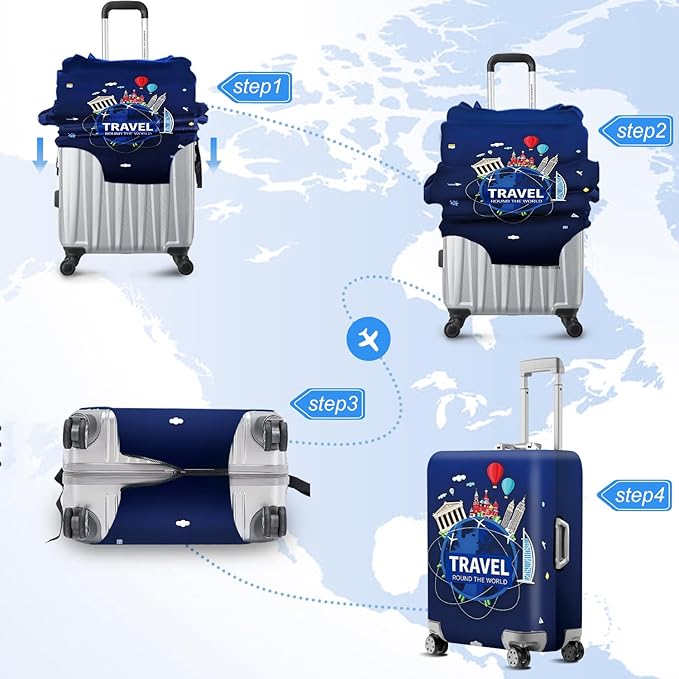 ANNA QUEEN Travel Globe Airplane Luggage Cover -Stretchable Airplane Suitcase Protector Sleeve,Universal Washable Fit for 20-37 Inch Checked Baggage,Water Resistant Durable Luggage Protector