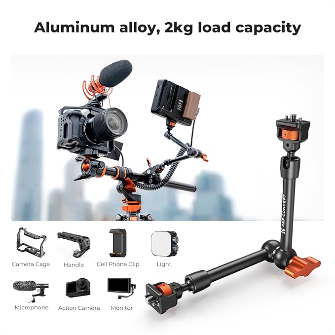 K&F CONCEPT 11" Magic Arm Clamp with ARRI 1/4" & 3/8" Thread Screw 360° Ball Heads Articulating Arm Camera Adapter for DSLR, Monitor, LED Light, Microphone, Camera Cage, Action Camera