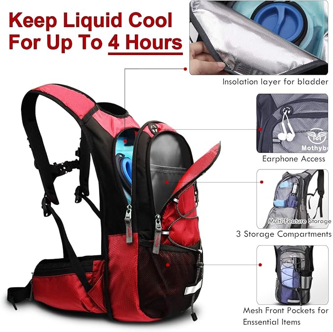 Mothybot Hydration Pack, Insulated Hydration Backpack with 2L BPA Free Water Bladder and Storage, Hiking Backpack for Men, Women, Kids for Running, Cycling, Camping - Keep Liquid Cool up to 5 Hours
