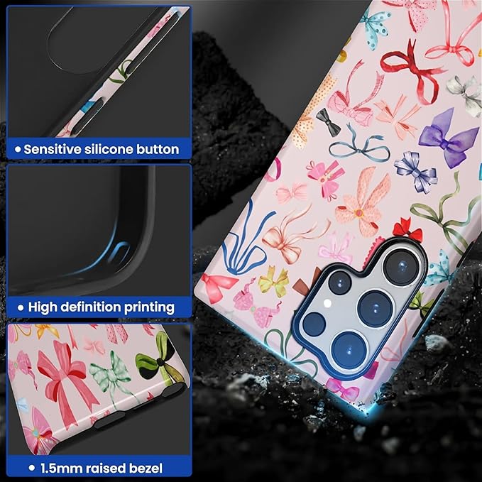 for Samsung Galaxy S23 Ultra Case,HL2 Aesthetic Color Bow Tie Hybrid 2 Layer Hard Shell Silicone Protective Pattern Design Case