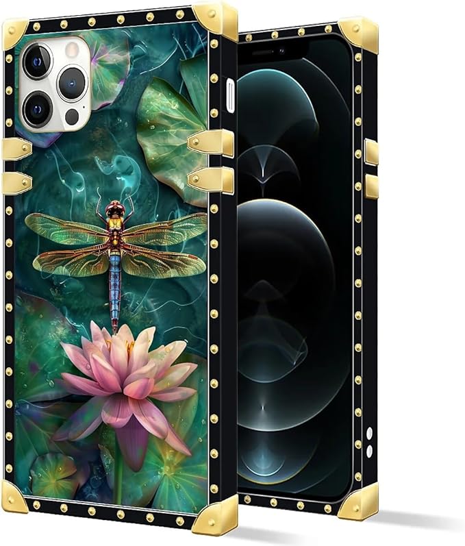 Compatible with iPhone 11 Pro Max Case, Colourful Dragonfly Pink Lily Pads Luxury Golden Decoration for Girl Women Soft TPU Shockproof Protective Hard PC Back for iPhone 11 Pro Max
