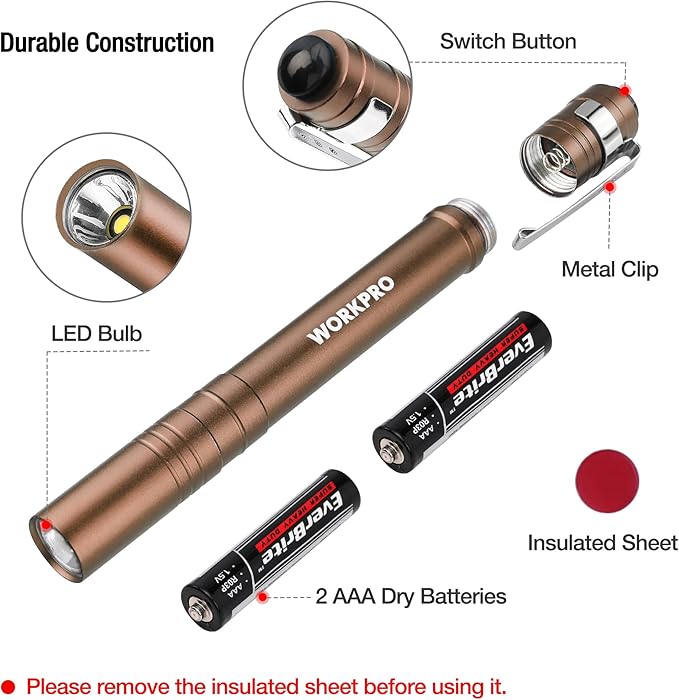 WORKPRO LED Pen Light, Aluminum Pen Flashlights, Pocket Flashlight with Clip for Inspection, Emergency, Everyday, 2AAA Batteries Include, Brown(4-Pack)