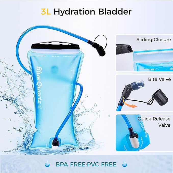 Blue Quartz Hydration Backpack with 3L Water Bladder, Lightweight Hiking Backpack with Phone Pocket, Tactical Molle Water Backpack for Running, Biking, Climbing, Hydro Pack for Men Women