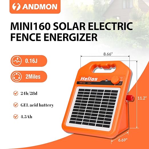 MINI160 2 Miles Solar Fence Charger, 0.16 Joule Solar Electric Fence Charger for Livestock, Pigs, Horses, Cattle Sheep, Solar Powered Electric Fence with Day or Night Mode, Easy Installation