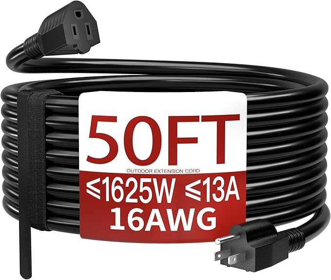 Skrizcable 16/3 50 FT Outdoor Extension Cord Waterproof, Weatherproof & Flame Retardant Black 3 Prong Power Cord Outside for Lawn & Garden, 13 Amps 1625 Watts 125 VAC 16AWG SJTW, ETL Listed