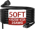 Skrizcable 16/3 50 FT Outdoor Extension Cord Waterproof, Weatherproof & Flame Retardant Black 3 Prong Power Cord Outside for Lawn & Garden, 13 Amps 1625 Watts 125 VAC 16AWG SJTW, ETL Listed