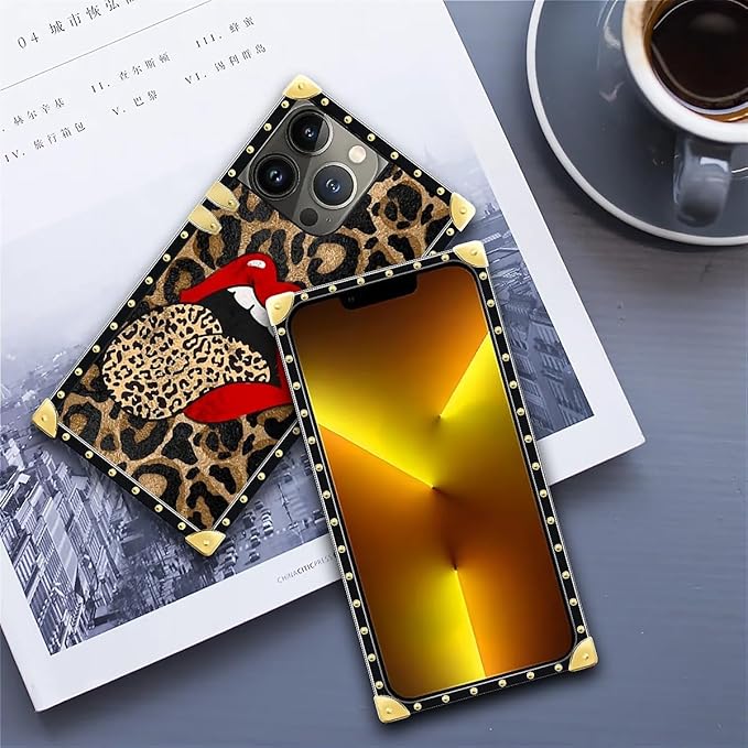 Compatible with iPhone 13 Pro Case, Brown Leopard Print Mouth Luxury Golden Decoration for Girl Women Soft TPU Shockproof Protective Hard PC Back for iPhone 13 Pro