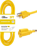 Extension Cord Weatherproof, UL Certified, 12 Gauge 3FT Yellow 3 Prong Heavy Duty, 12/3 SJTW 15A Power Cord for Lights, Appliances, Lawn