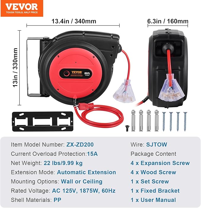 VEVOR 80FT Retractable Extension Cord Reel, 12AWG/3C SJTOW Heavy Duty Power Cord w/Lighted Electrical Triple Tap Outlets, 15A Circuit Breaker,180° Swivel Bracket for Workshop or Garage, Red