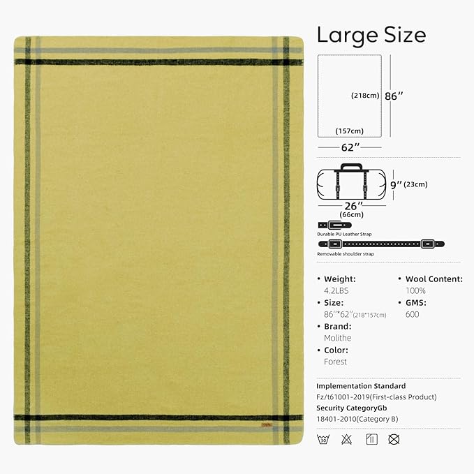 Molithe 100% Wool Blanket, 62" x 86", Warm, Thick, Washable, Military Wool Blanket, Great for Camping, Outdoors, Sporting Events, Survival Kits
