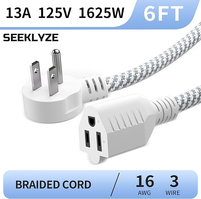 16 Gauge Braided Extension Cord 6 FT, 16/3 Flat Plug Power Cord Indoor, 3 Prong White Extension Cable Flexible for Home Dorm Room Essentials, 13A 125V 1625W, ETL Listed