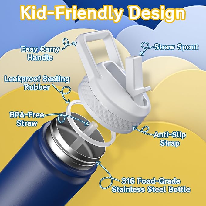 baab 18oz Kids Water Bottle, Insulated Water Bottle with Straw & Stickers, 18/8 Stainless Steel Vacuum Leakproof Kids Water Straw Cup for School, Perfect for Boy Girl (Navy Blue+Pink, 2 Pack)