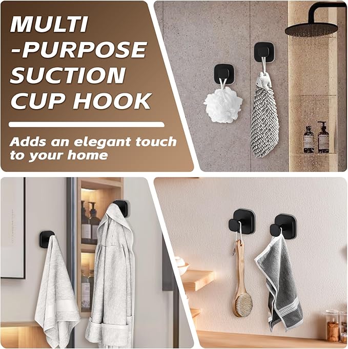 Heavy Duty Reusable Suction Cup Hooks for Kitchen/Bathroom/Shower - Wet-Proof Hooks for Towels, Robes, Loofah&Wreaths/No Drill Mounting on Glass, Tile, Metal (2, Matte Black)