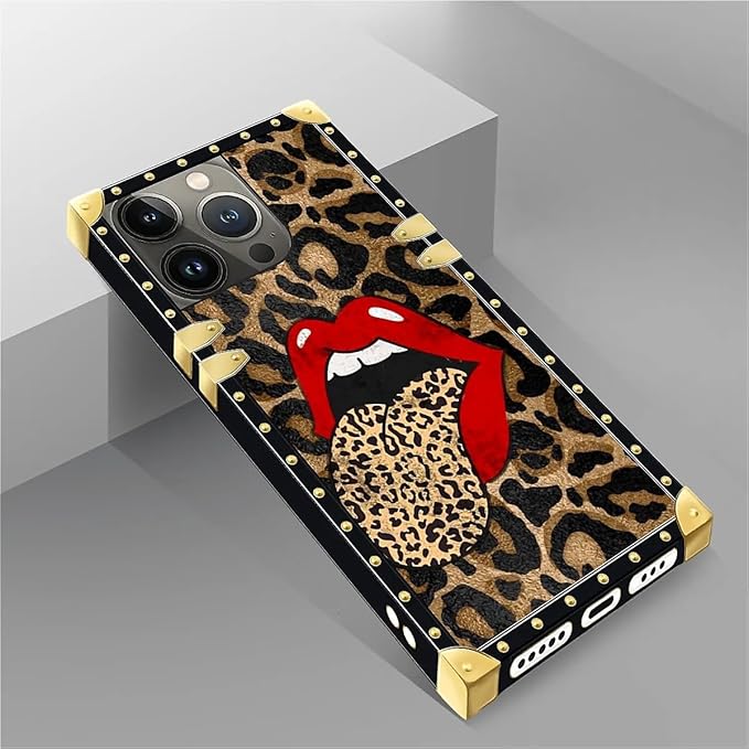 Compatible with iPhone 14 Pro Case, Brown Leopard Print Mouth Luxury Golden Decoration for Girl Women Soft TPU Shockproof Protective Hard PC Back for iPhone 14 Pro
