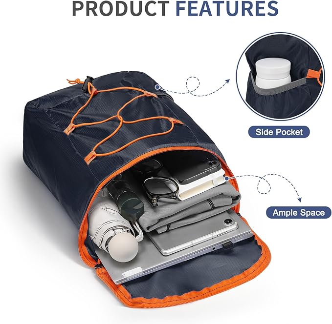 20L Hiking-Daypack Lightweight Foldable Travel Packable Backpack for Camping Cycling Outdoor, Navy Blue
