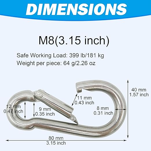 304 Stainless Steel Carabiners -3.15 inch Heavy Duty, Durable & Rust-Free Clips for Gym, Swing, Dog Leashes, Hammocks, Keychains, and More(304,M8,Pack of 6)