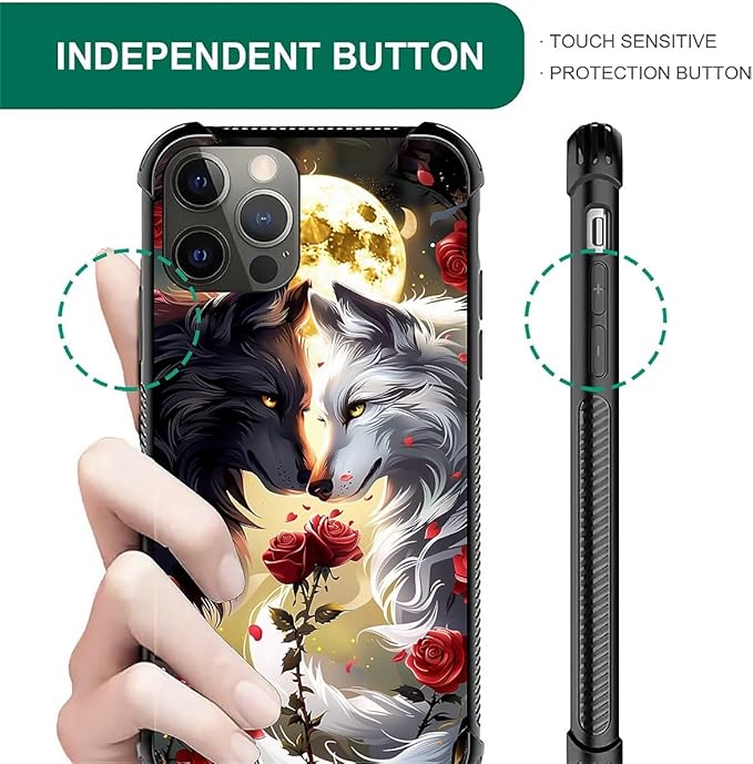 for iPhone 11 Pro Max Case, Black White Wolf Moon Flower Rose Pattern Graphic Design Girl Boy Soft Silicone Hard Acrylic Shock Protection for iPhone 11 Pro Max