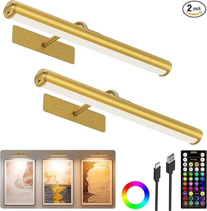 EZVALO 13in Picture Light for Wall, 4000mAh Rechargeable Art Light with Remote, RGB & 3 Color Temps, Battery Operated Wall Light for Paint, Photo - 2 Pack
