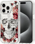 MOSNOVO Case for iPhone 15 Pro, [Buffertech 6.6ft Military-Grade Drop Protection] [Anti Peel Off Tech] Clear TPU Bumper Phone Case Cover Design - Red Flower Skull