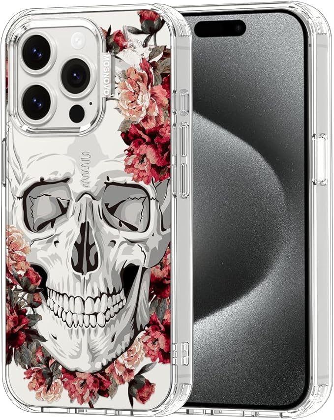 MOSNOVO Case for iPhone 15 Pro, [Buffertech 6.6ft Military-Grade Drop Protection] [Anti Peel Off Tech] Clear TPU Bumper Phone Case Cover Design - Red Flower Skull
