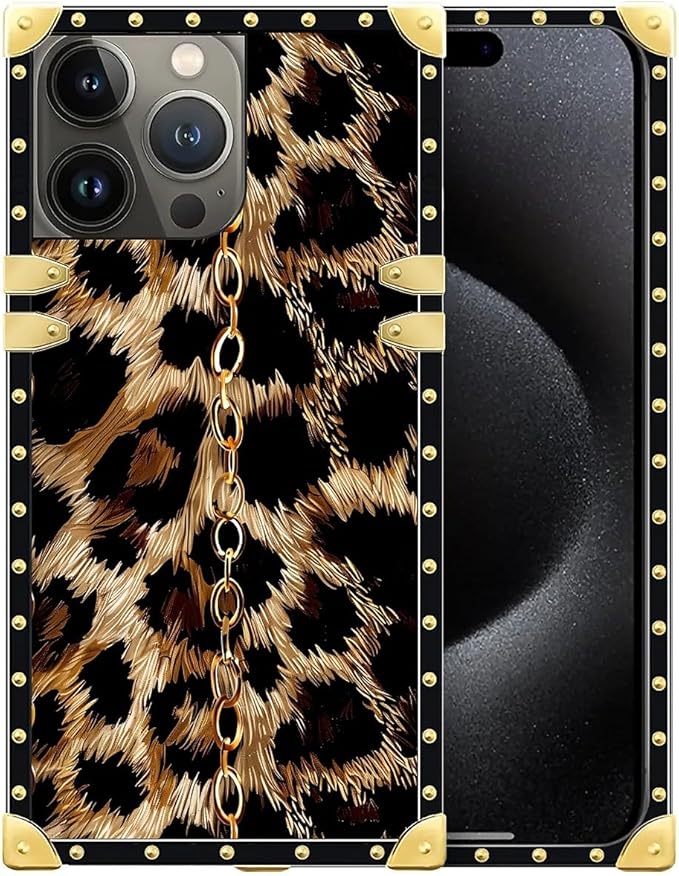 Compatible with iPhone 16 Pro Max Case, Seamless Gold Chain Leopard Luxury Golden Decoration for Girl Women Soft TPU Shockproof Protective Hard PC Back
