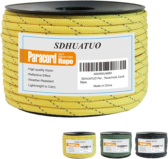 SDHUATUO Paracord Rope 100FT, 550lb Type III Nylon Parachute Cord 7-Strand Core with Reflective Strips, Utility String for Survival, Camping Gear, Hiking, DIY, Crafting, Outdoor, Yellow