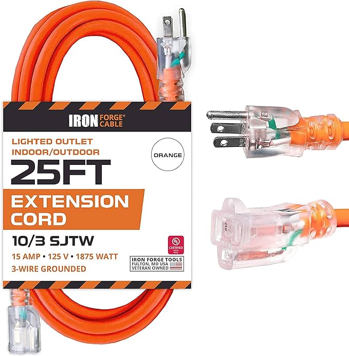 Iron Forge Cable Lighted Outdoor Extension Cord 25 Ft - 10 Gauge Heavy Duty Extension Cord, 15 AMP, 10/3 Orange Power Cable SJTW Weatherproof 3 Prong