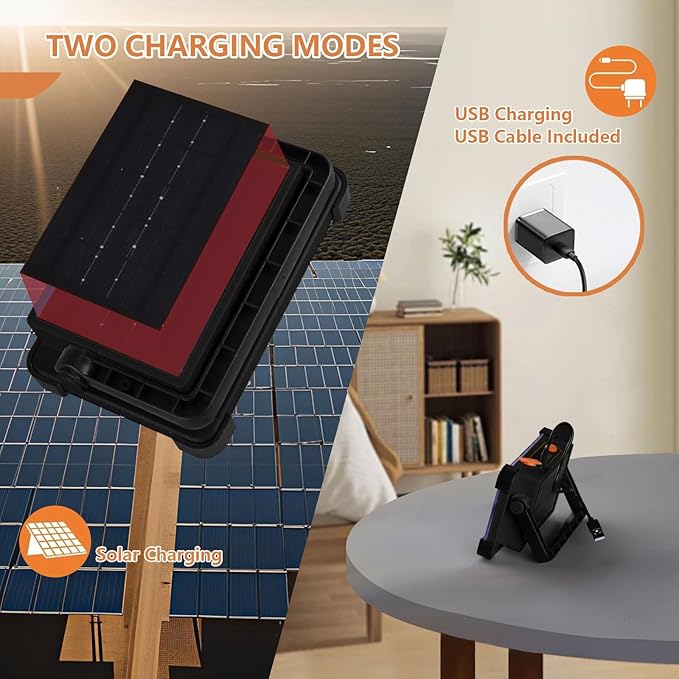 120W Solar Rechargeable Work Light, 144 LED Portable Flood Light with Stand, IP66 Waterproof 4 Modes LED Job Site Lighting Flashlights for Mechanic Camping Fishing Car Repair(Black 1 Pack)