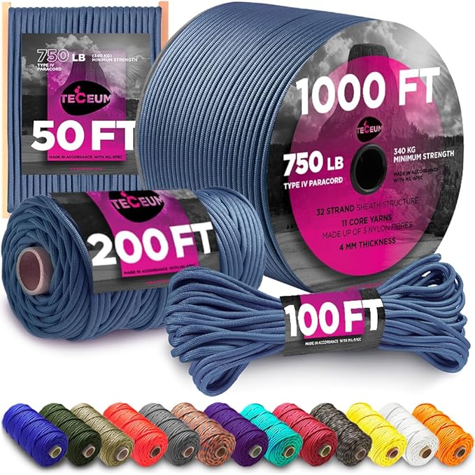TECEUM 5/32" Paracord Rope 1000 – 1000ft / 200ft / 100ft / 50ft – Tactical Parachute Cord 4mm – 45+ Colors – Nylon String for Survival & Camping Gear – Stripe Cord for Survival – Utility Rope