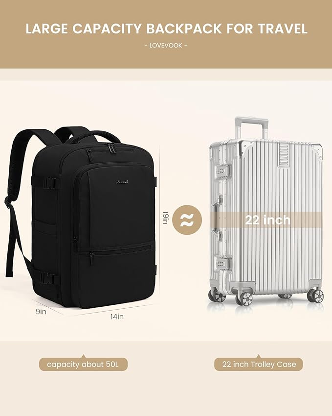 LOVEVOOK Travel Backpack for Women & Men, 50L Large Carry On Backpack Airline Approved, TSA Personal Item Weekender Bag, Water Resistant Laptop Backpacks with 3 Packing Cubes for Travel Essentials