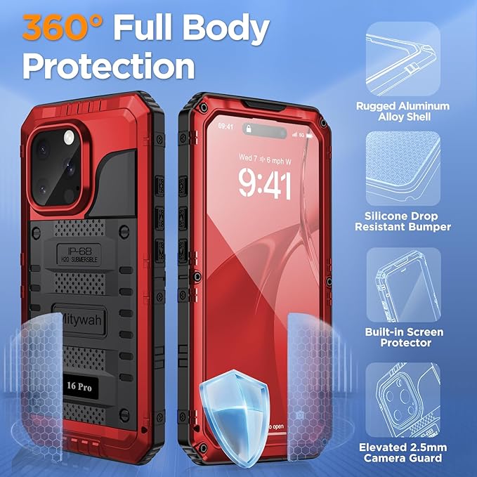 Mitywah Waterproof Case for iPhone 16 Pro, Shockproof Heavy Duty Case with Built-in Screen Protector, Underwater Full Body Protective Metal Case 6.3 inch, Red