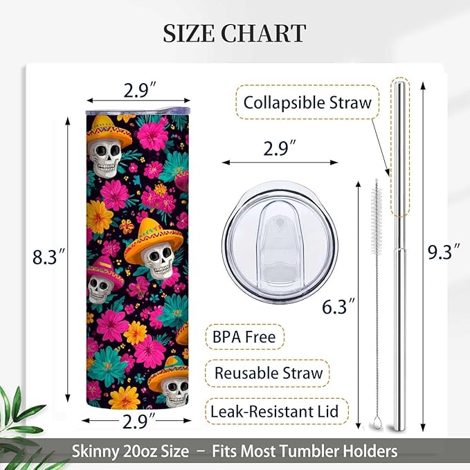 Firmiso 20 oz Tumbler｜Skinny Insulated Travel Mug｜Sombrero Skull Floral Stainless Steel Cup with Leak Proof Lid and Telescopic Straw｜Colorful Gothic Boho Drinkware｜Gift Idea for Women Men