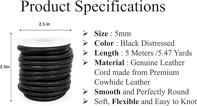 GENIQUE Real/Genuine Round Leather String Cord for Necklace, Bracelets, Jewellery, Braiding (Black Distressed, 5mm)