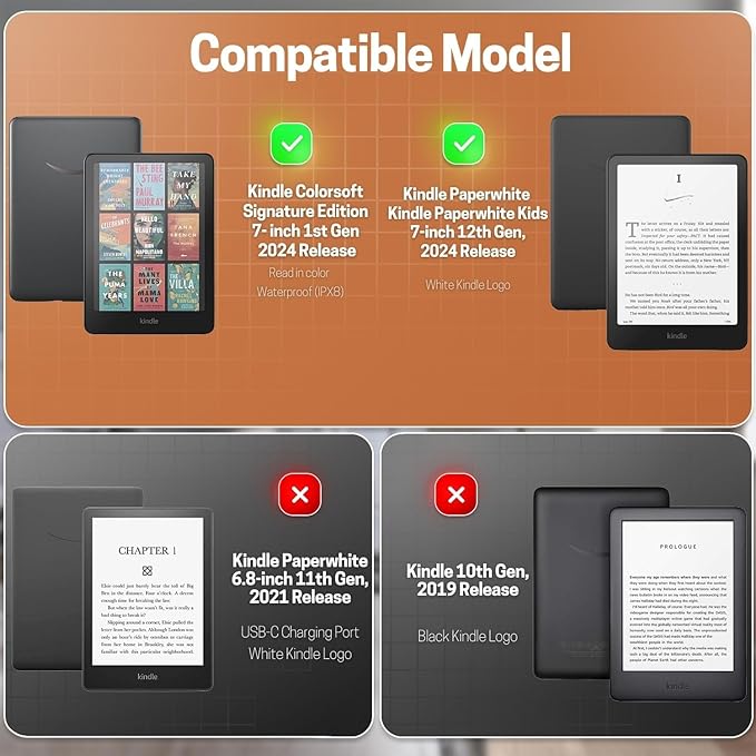 TNP Stand Case with Strap for Kindle Paperwhite 12th Gen 2024 / Kindle Colorsoft Signature Edition - 7" PU Leather Protective Folio Cover with Auto Wake/Sleep & Card Slot, Orange