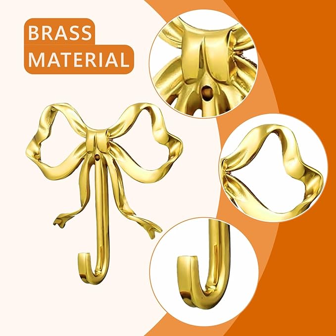 2 Pcs Gold Bow Wall Hooks - Elegant Brass Coat Hanger, Multi-Purpose Towel Hooks for Bathroom, Living Room & Kitchen - Elegant Gift for Home Decor (Gold 2L)