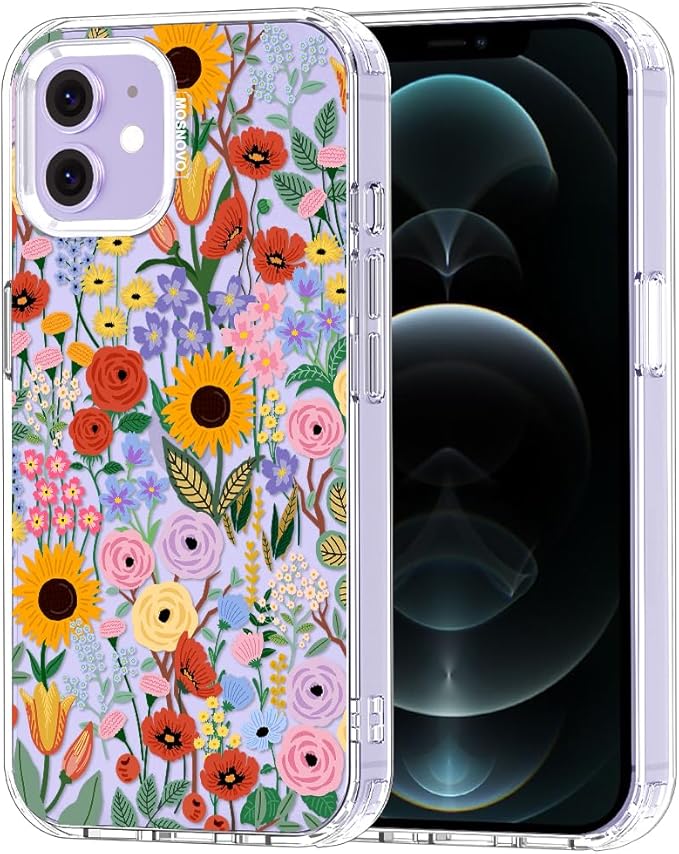 MOSNOVO Case for iPhone 12 & iPhone 12 Pro, [Buffertech 6.6ft Military-Grade Drop Protection] [Anti Peel Off Tech] Clear TPU Bumper Phone Case Cover Design - Blossom & Bloom