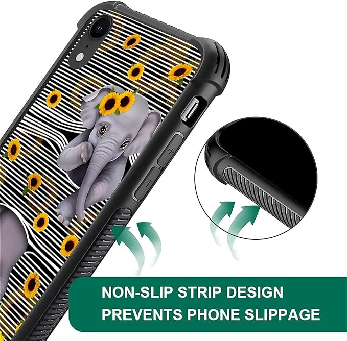 for iPhone XR Case, Cute Little Elephant Sunflower White Line Art Pattern Graphic Design Girl Boy Soft Silicone Hard Acrylic Shock Protection for iPhone XR