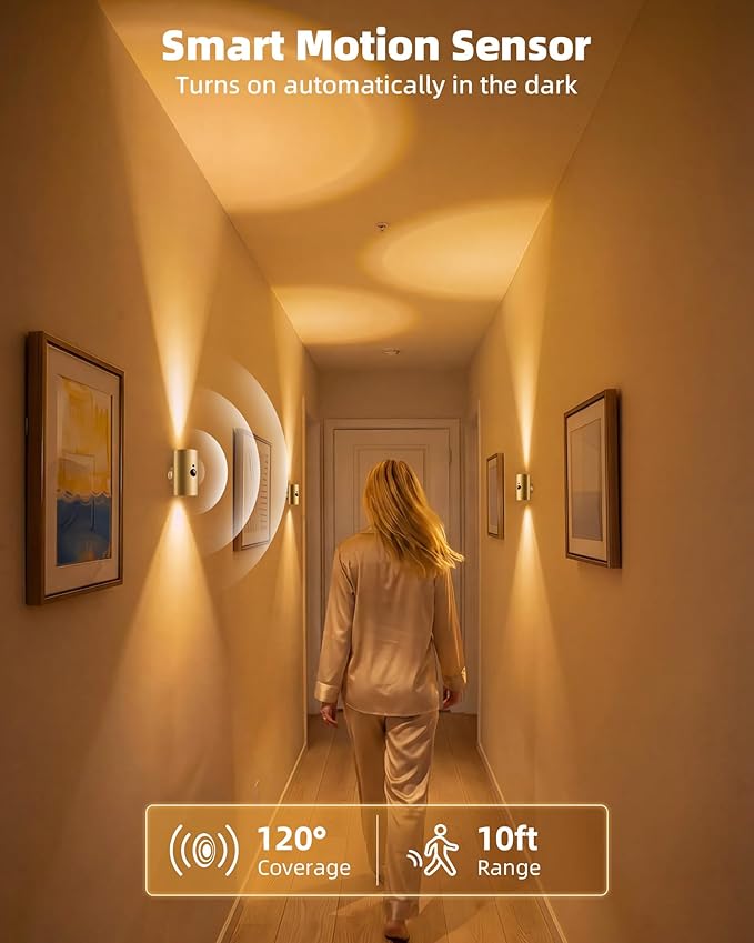 EZVALO Motion Sensor Wall Sconces with Remote, Rechargeable Battery Operated 4000mAh Wall Lights, 3 Color Temperatures & 12 RGB, Wireless LED Lighting for Hallway, Living Room (Brass Gold, 2 Pack)
