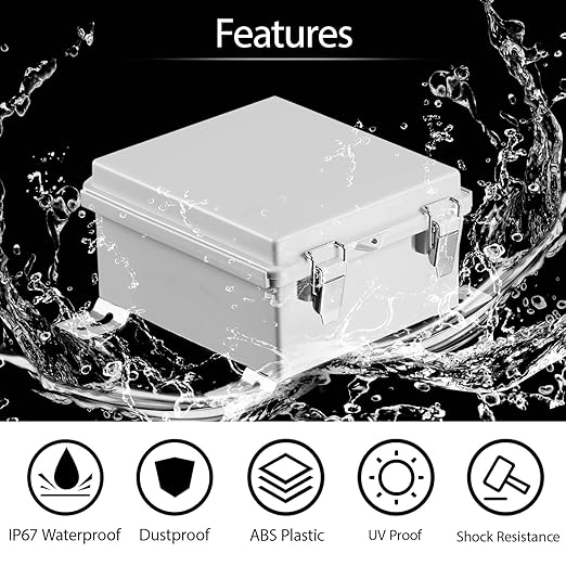 LeMotech Electrical Box, IP67 Waterproof Hinged Cover Stainless Steel Latch Junction Box, ABS Plastic Electrical Enclosure with Mounting Plate,Wall Brackets, Cable Glands,5.9"x5.9"x3.5",Grey
