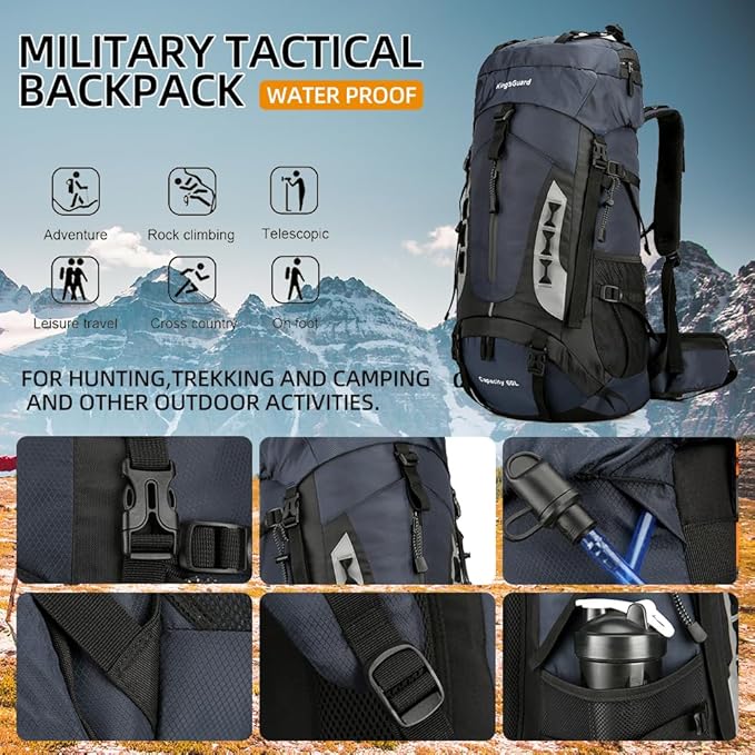 King'sGuard 60L Hiking Backpack for Men and Women Lightweight Camping Hiking Backpack with Rain Cover Large Waterproof Travel Backpack Backpacking Pack (Navy Blue)