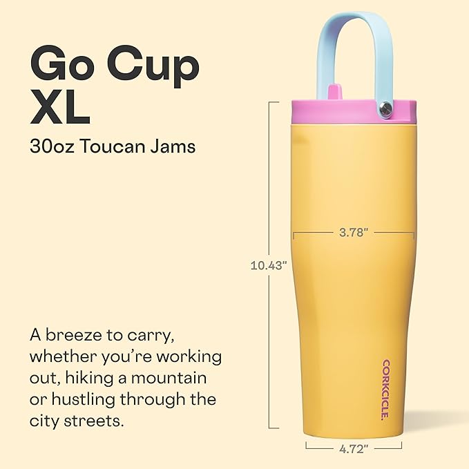 Corkcicle Go Cup XL - Leak-Proof Travel Tumbler - Triple Insulated Stainless Steel Water Bottle - Easy-Carry Handle - Summer Drinkware Gift - Keeps Drinks Ice Cold - 30 oz - Toucan Jams