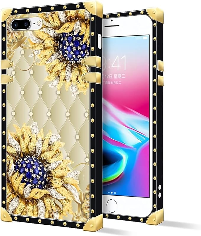 Compatible with iPhone 8 7 SE Case, Sunflower Diamonds Leather Luxury Golden Decoration for Girl Women Soft TPU Shockproof Protective Hard PC Back for iPhone 8 7 SE