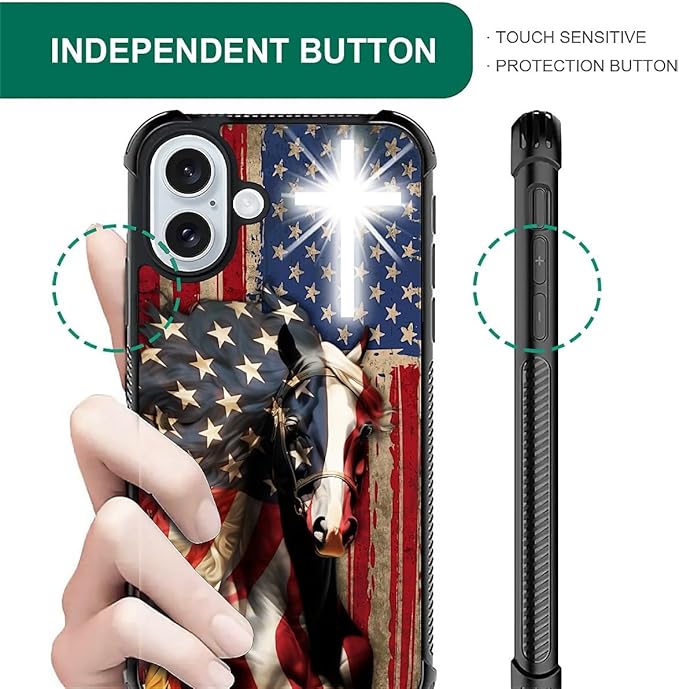 for iPhone 16 Case, Red American Flag Horse Cross Pattern Graphic Design Girl Boy Soft Silicone Hard Acrylic Shock Protection for iPhone 16
