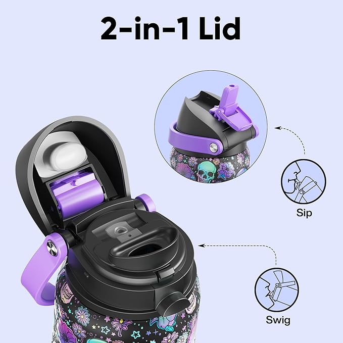 Insulated Water Bottle with Straw - Encool Stainless Steel Water Bottle with Push Button Lid, Leak-Proof & BPA-Free, Keeps Cold for 24 Hours for Sports, Travel, Gym (32 oz, Floral Afterlife)