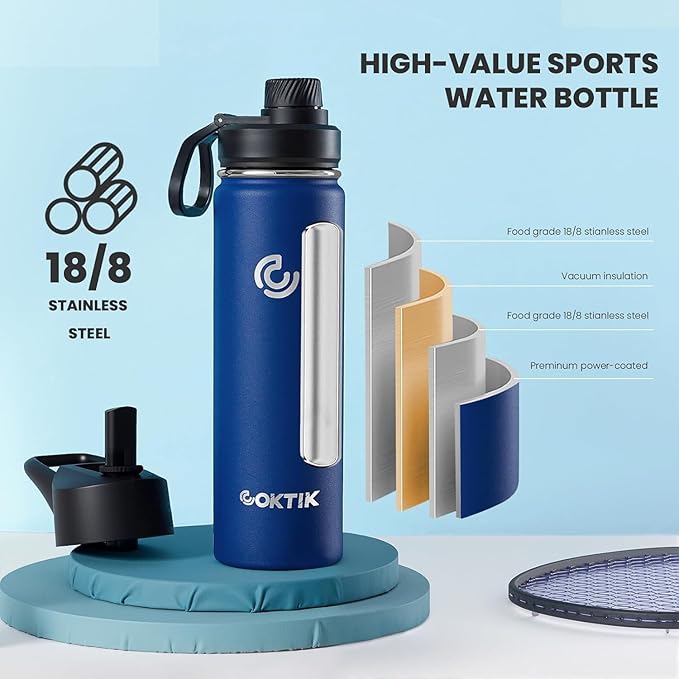 40 Pack 22 oz Sports Water Bottle With Straw,2 Lids, Stainless Steel Vacuum Insulated Water Bottles,Leakproof Lightweight, Keeps Cold and Hot, Great for Travel(Cobalt)