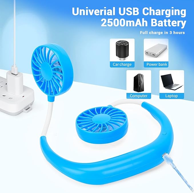 Portable Neck Fan Rechargeable Personal Hand-Free Fan Mini USB Wearable Neckband Sport Fan, 3 Speed Adjustable, 360 Degrees Free Rotation Perfect for Working, Traveling, Office, Reading (Blue)